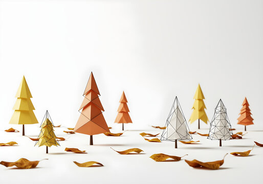 Papercraft Trees and Autumn Leaves on White Background