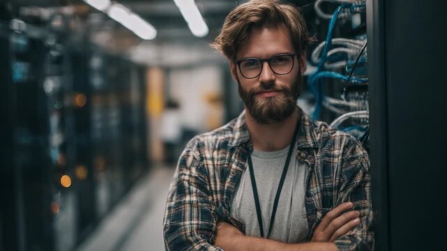 A confident young man with a beard and glasses stands in a modern data center, showcasing expertise in technology and networking with racks of servers in the background