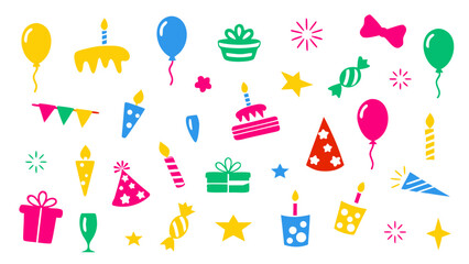 Flat vector illustration of colorful birthday-themed doodle icons. Includes balloons, cakes, candles, confetti, presents, and party hats.