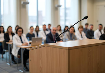 Podium with microphone in classroom lecture Keywords: podium, mi