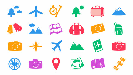 Flat vector illustration of colorful travel and adventure-themed icons, including airplanes, suitcases, maps, mountains, cameras, and compasses.