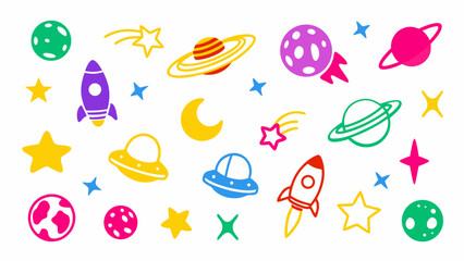 Flat vector illustration of colorful outer-space themed doodles. Includes rockets, stars, planets, moons, UFOs, constellations, and astronaut helmets.