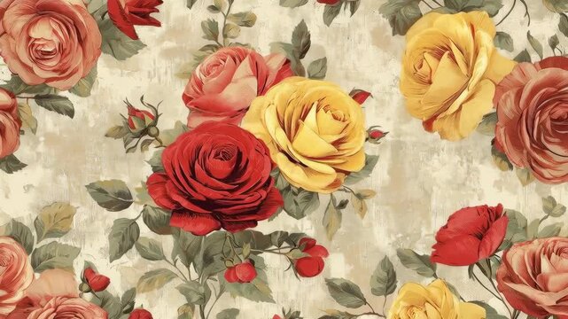 Vintage-inspired floral wallpaper pattern featuring red, pink, and yellow roses with green leaves on a cream textured background, ideal for home decor, textiles, crafts, and design