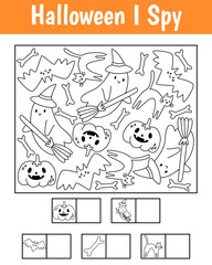 Halloween I spy game for kids. Searching and counting activity for preschool children with cute objects. printable worksheet for kids. Vector cartoon illustration
