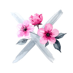 Watercolor "X" with pink flowers and grey leaves. Elegant floral design, artistic