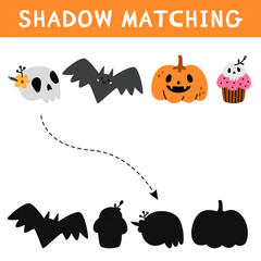 Halloween shadow matching activity for children. Autumn puzzle with cute elements. Fall educational game for kids. Find the correct silhouette printable worksheet. Vector cartoon illustration