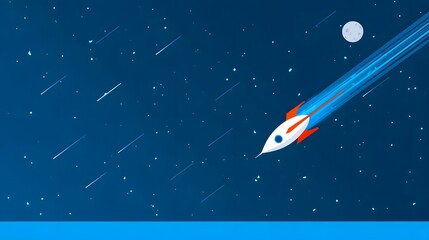 Illustration of a rocket in space concept. Flat illustration of a rocket in space with clouds, stars and planets