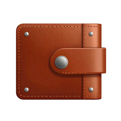 A square, leather wallet with a flap, rivets, and a snap closure against a black backdrop