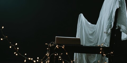 Ghostly figure with book on dark halloween night