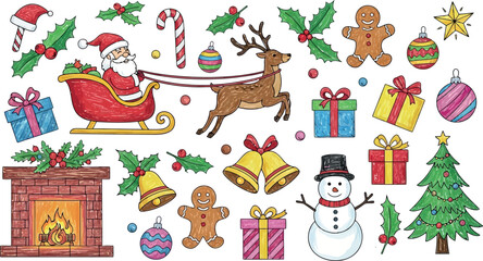 Fototapeta premium Vector art of christmas holiday scene with santa claus, reindeer, sleigh, gifts, and snowman
