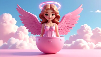 A charming cartoon angel with pink wings, halo, and a sundress, emerging from a pink bowl amidst fluffy clouds