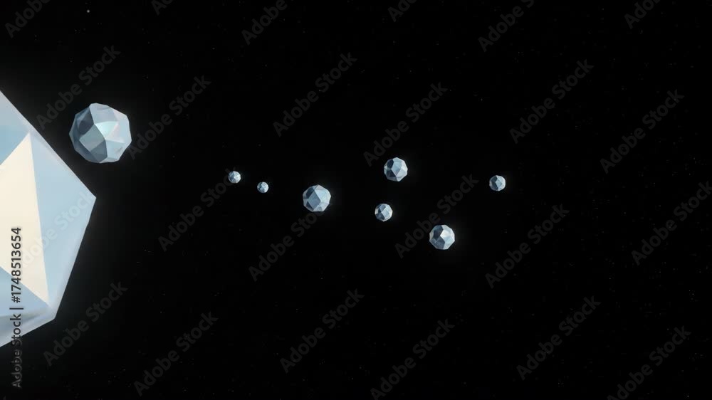 Sticker shimmering geometric island shapes pulsating and receding in an infinite dark space, a seamless loop