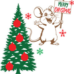 Happy Rat Character with Christmas Tree Ornament