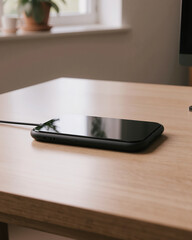 Phone charging on a wooden desk near a window in a cozy room