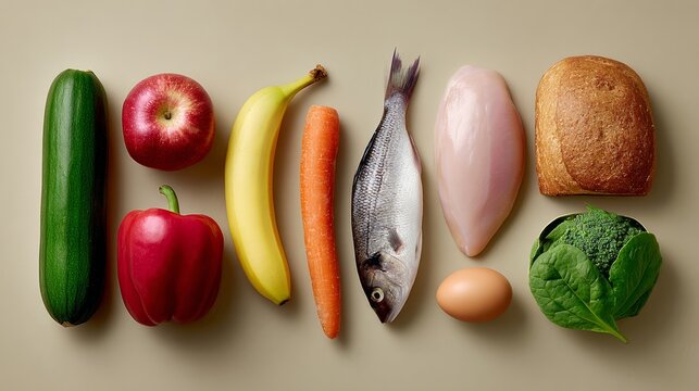 Variety of fruits and vegetables are arranged in a row, including apples, bananas, carrots, broccoli, and fish. Concept of health and wellness, as well as the importance of a balanced diet