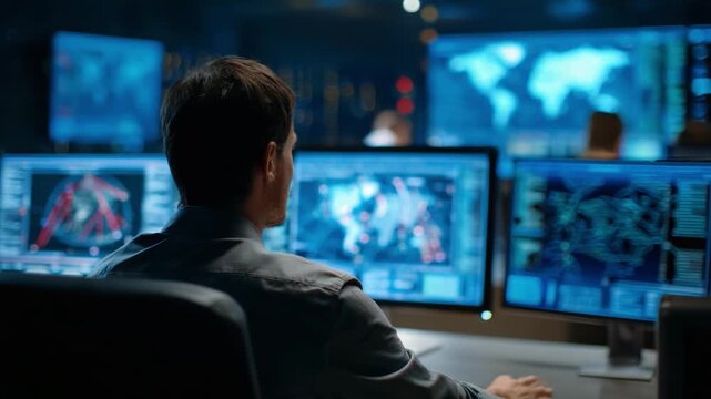 A Focused Operator Analyzes Complex Data Visualizations on Multiple Screens in a High-Tech Control Room Environment, Highlighting the Importance of Real-Time Information Gathering