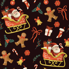 Christmas gingerbread man bow cookie star stocking bell poinsettia candy cane vector isolated pattern