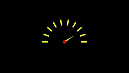 Animated speedometer gauge with neon yellow ticks and red needle on black, automotive performance dashboard ALPHA