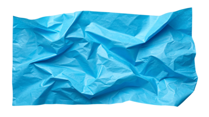 Vibrant cyan blue crumpled paper sheet with irregular folds creating dynamic textured rectangular composition shape, isolated on a transparent background