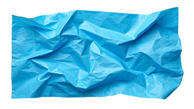 Vibrant cyan blue crumpled paper sheet with irregular folds creating dynamic textured rectangular composition shape, isolated on a transparent background
