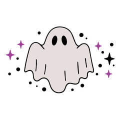 Illustration of a simple cartoon ghost surrounded by stars and dots on a white background design