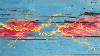 Abstract artwork depicting yellow lightning bolts arcing across a weathered, blue and red wooden surface.  The wood shows significant age and wear, with peeling paint and cracks