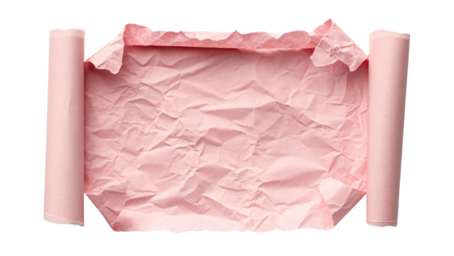 Pink torn paper scroll with ragged edges curled at sides showing textured crinkled surface, isolated on a transparent background - Powered by Adobe