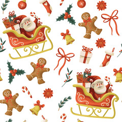 Christmas gingerbread man bow cookie star stocking bell poinsettia candy cane vector isolated pattern