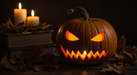 Obraz premium Scary Halloween pumpkin with glowing eyes and jagged teeth on books 