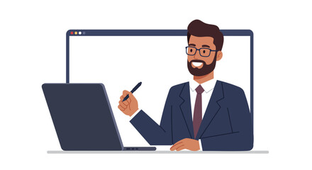 Man in a suit giving an online presentation using a laptop.