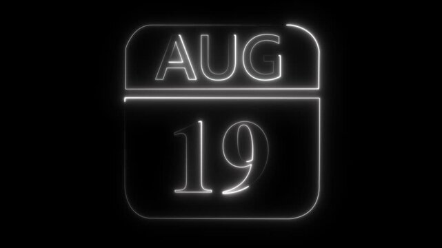 August 19th calendar date neon outline on black background nineteen