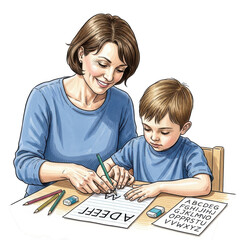 Mother teaches child handwriting learning alphabet letters together drawing and writing fun isolated on transparent background