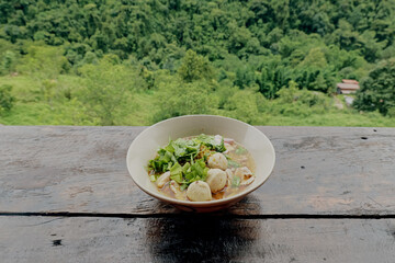 A bowl of thai noodle soup with vermicelli, vegetables, chicken and fishballs. jungle background
