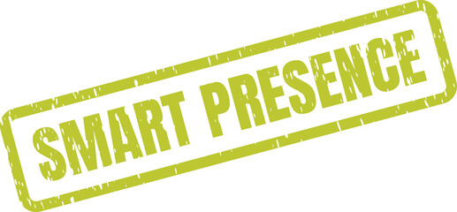 A distressed lime green rectangular stamp with SMART PRESENCE text appears on a clean white background