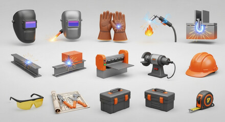 Collection of welding and metalworking equipment, including mask, gloves, tools, and safety gear