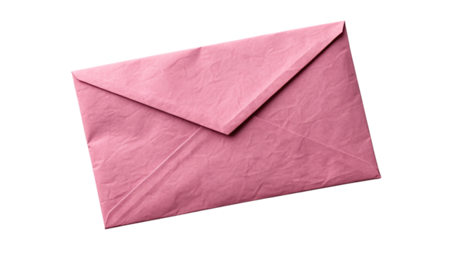 Soft pink envelope tilted diagonally, pastel shade with triangular flap and visible paper grain across surface