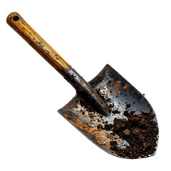 A used shovel with a wooden handle rests on a black backdrop with dirt on the shovel head
