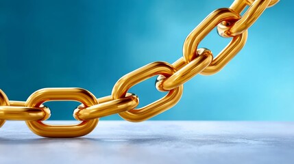 Fototapeta premium Gold chain is shown with a blue background. The chain is broken, and the links are spread apart. Concept of separation and disconnection, as if the chain is no longer bound together