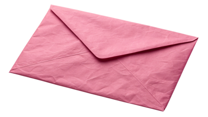 Rose pink envelope at low angle, deeper pink tone with prominent flap and textured paper finish throughout