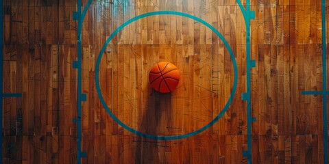 An official orange basketball rests on a polished hardwood court within the center circle, ready for game play