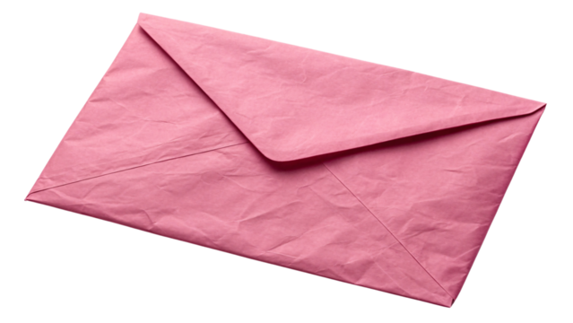 Rose pink envelope at low angle, deeper pink tone with prominent flap and textured paper finish throughout - Powered by Adobe