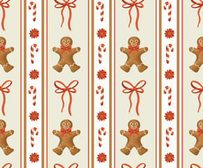 Christmas gingerbread man bow cookie star stocking bell poinsettia candy cane vector isolated pattern