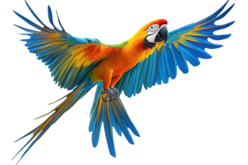 A vibrant macaw soaring through the air, its wings spread wide, isolated on transparent background, showcasing its colorful plumage and graceful flight in a captivating display