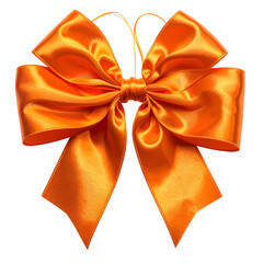 Close-up shot of a shiny orange bow with loops, knots, and flowing ends, against black