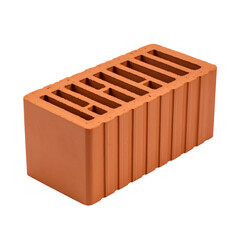 A single red-orange brick, perforated with rectangular holes, isolated on a black background