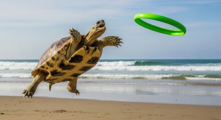 A tortoise leaps in the air on a sandy beach, catching a green frisbee with the ocean and sky in the background