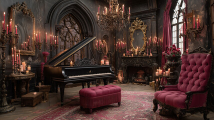 Elegant gothic interior featuring a grand piano and candlelit decor in a dark, atmospheric setting