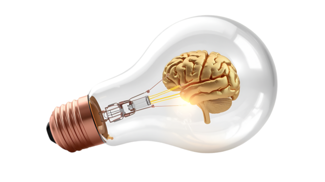 Golden Brain Inside a Transparent Light Bulb idea concept
