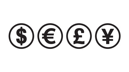 Obraz premium Set of currency symbols dollar euro pound and yen simple flat vector icons isolated on white background