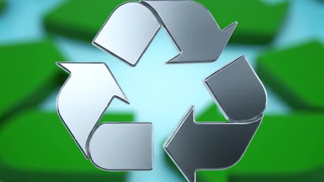 Silver Recycling Symbol on Light Blue Surface with Blurred Green Shapes in the Background Macro Shot
